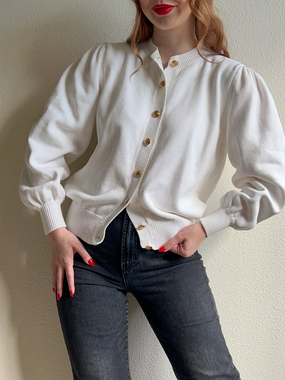 Vintage 1980s White Knit Cardigan With Nautical Buttons (M/L)
